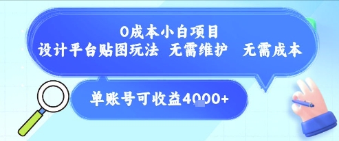 0成本小白项目，设计平台贴图玩法，无需维护，无需成本，单账号单月可产生收益4k+-鼎铸网