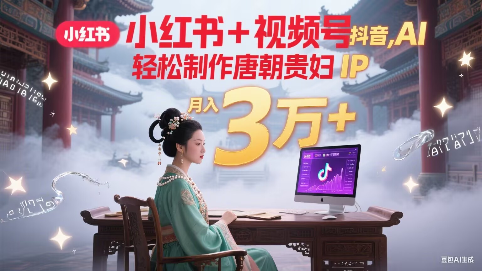 小红书+视频号+抖音，AI轻松制作唐朝贵妇IP，毒鸡汤、励志、减肥瘦身、养生赛道轻松切入，每天30分钟，轻松产出N条，月入3万+-鼎铸网