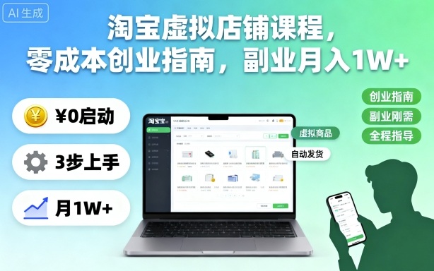 淘宝虚拟店铺课程，零成本创业指南，副业月入1W+-鼎铸网