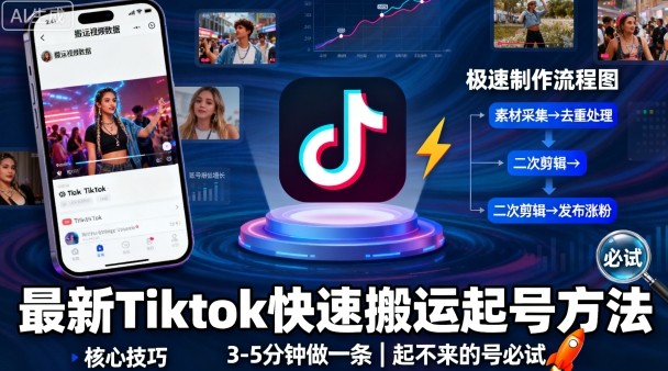 最新Tiktok快速搬运快速起号方法，3-5分钟做一条，起不来的号可以试试-鼎铸网