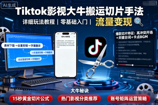 Tiktok影视大牛搬运切片手法，详细玩法教程-鼎铸网