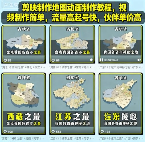 剪映制作地图动画制作教程，视频制作简单，流量高起号快，伙伴单价高-鼎铸网