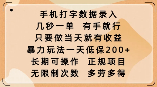 手机打字数据录入，几秒一单，有手就行，只要做当天就有收益，暴力玩法一天低保2张-鼎铸网