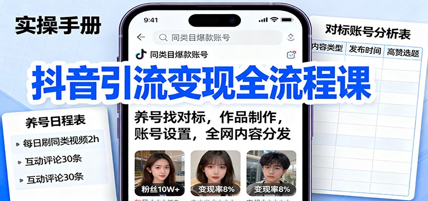 抖音引流变现全流程课：养号找对标，作品制作，账号设置，全网内容分发-鼎铸网