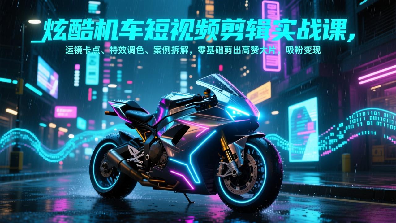 炫酷机车短视频剪辑实战课，运镜卡点、特效调色、案例拆解，零基础剪出高赞大片，吸粉变现-鼎铸网