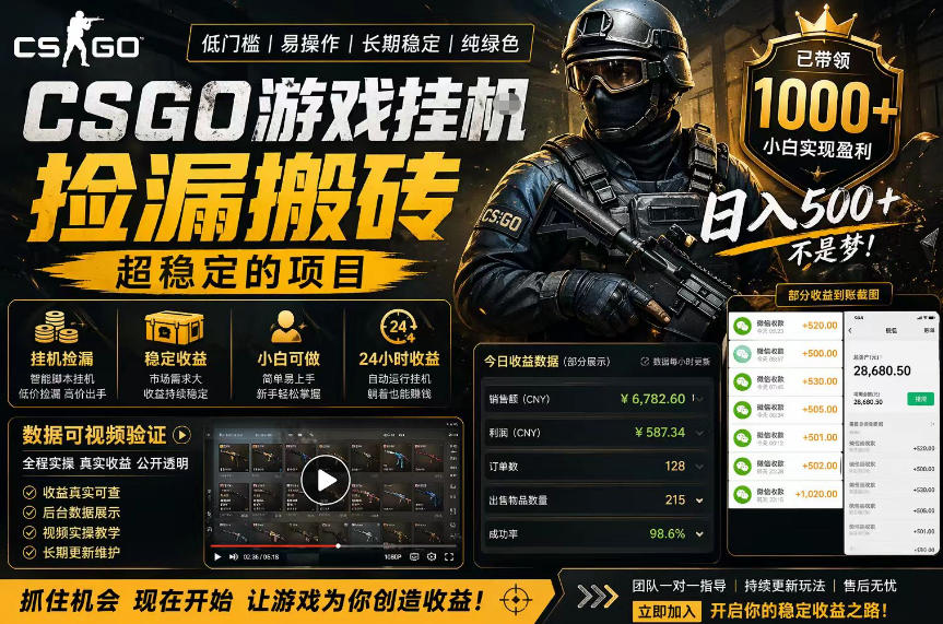 CSGO游戏搬砖，全自动挂G，不需要玩游戏，手机操作日入300+，解放双手【揭秘】-鼎铸网