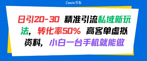 日引 20-30 精准引流私域新玩法，转化率50% 高客单虚拟资料，小白一台手机就能做-鼎铸网