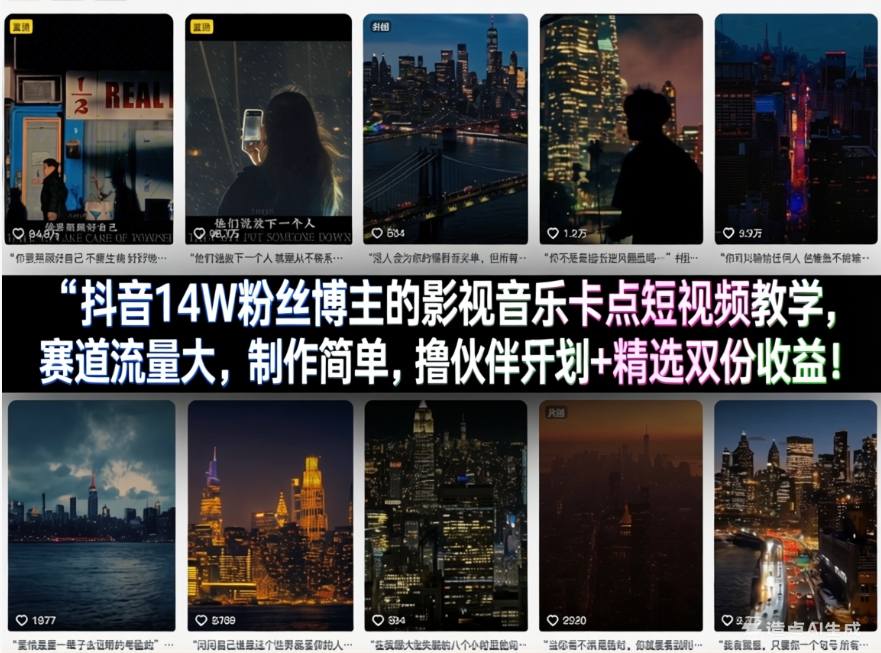 抖音14W粉丝博主的影视音乐卡点短视频教学，赛道流量大，制作简单，撸伙伴计划+精选双份收益！-鼎铸网