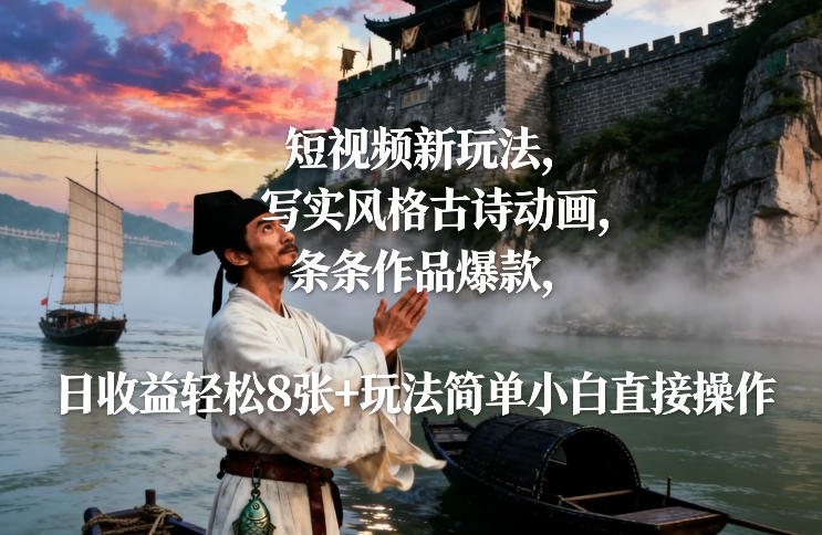 短视频新玩法，写实风格古诗动画，条条作品爆款，日收益轻松8张+玩法简单小白直接操作-鼎铸网