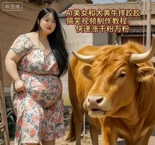 e1e09e156e60677e950df88fbd912a38.jpeg AI美女和大黄牛摔跤搞笑荒诞视频制作教程,快速涨千粉万粉
