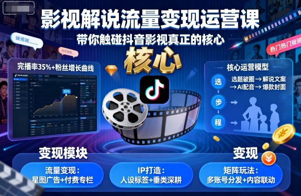 影视解说流量变现运营课，带你触碰抖音影视真正的核心-鼎铸网