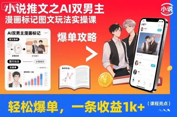 小说推文之AI双男主漫画标记图文玩法实操课，轻松爆单，一条收益1k+-鼎铸网
