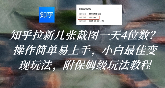 知乎拉新几张截图一天4位数？操作简单易上手，小白最佳变现玩法，附保姆级玩法教程-鼎铸网