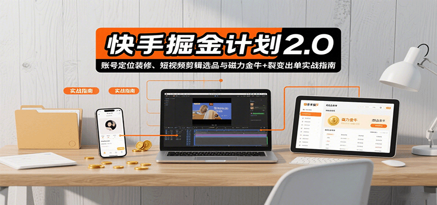 快手掘金计划2.0，账号定位装修、短视频剪辑选品与磁力金牛+裂变出单实战指南-鼎铸网