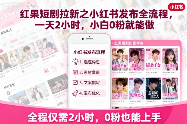 红果短剧拉新之小红书发布全流程，一天2小时，小白0粉就能做-鼎铸网