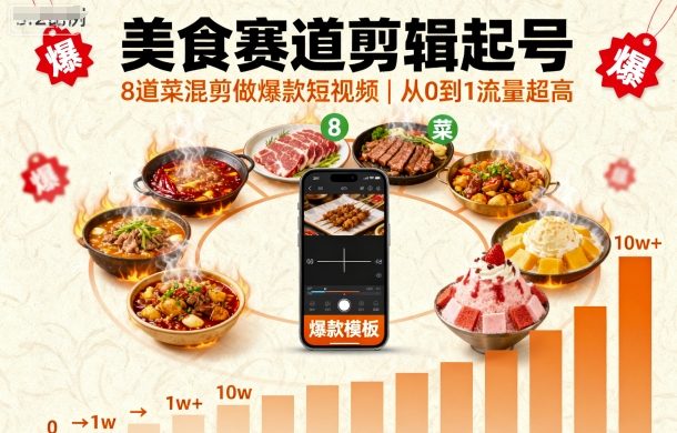 美食赛道剪辑起号，8道菜混剪做爆款短视频，从0到1，流量超高-鼎铸网