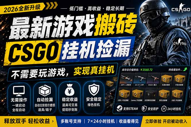 最新游戏搬砖，CSGO纯挂机，不需要玩游戏，实现真挂机，月入1W+，五一小高峰上车可吃肉，…-鼎铸网
