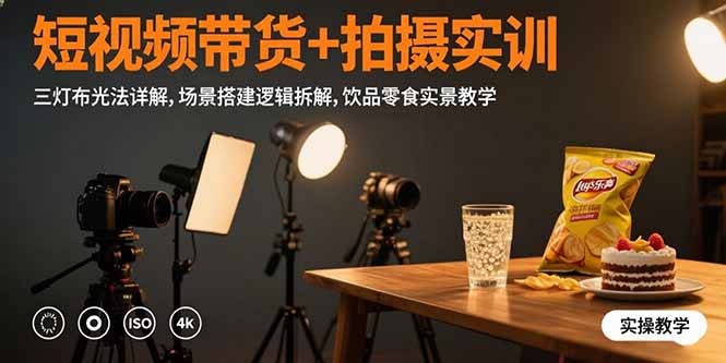 短视频带货+拍摄实训：三灯布光法详解,场景搭建逻辑拆解,饮品零食实景教学-鼎铸网