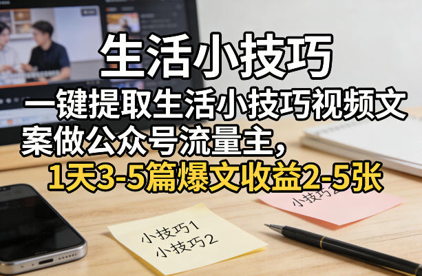 一键提取生活小技巧视频文案做公众号流量主，1天3-5篇爆文收益2-5张-鼎铸网